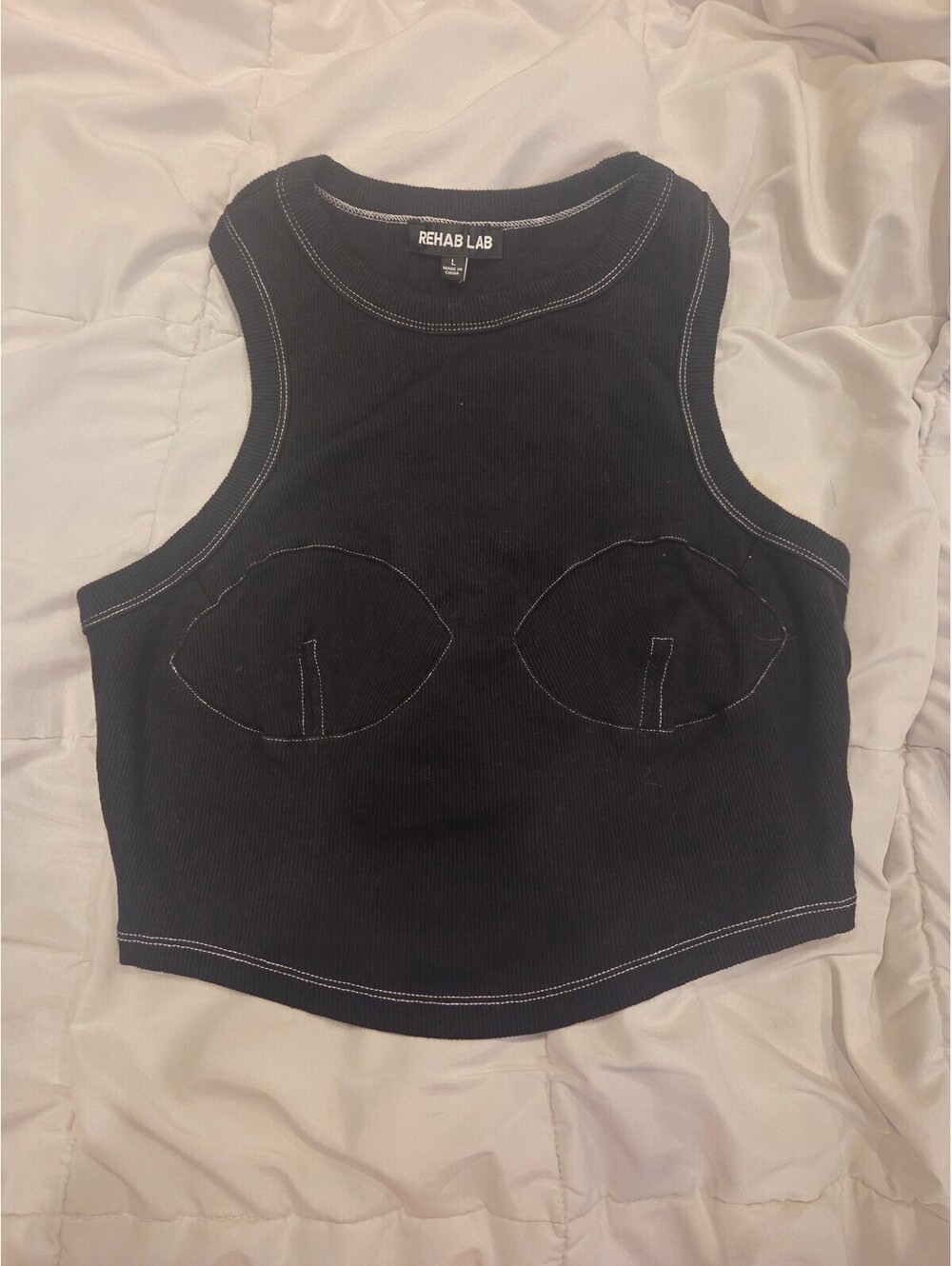 Rehab Lab Black Sleeveless Crop Top with Eye Stitch Design